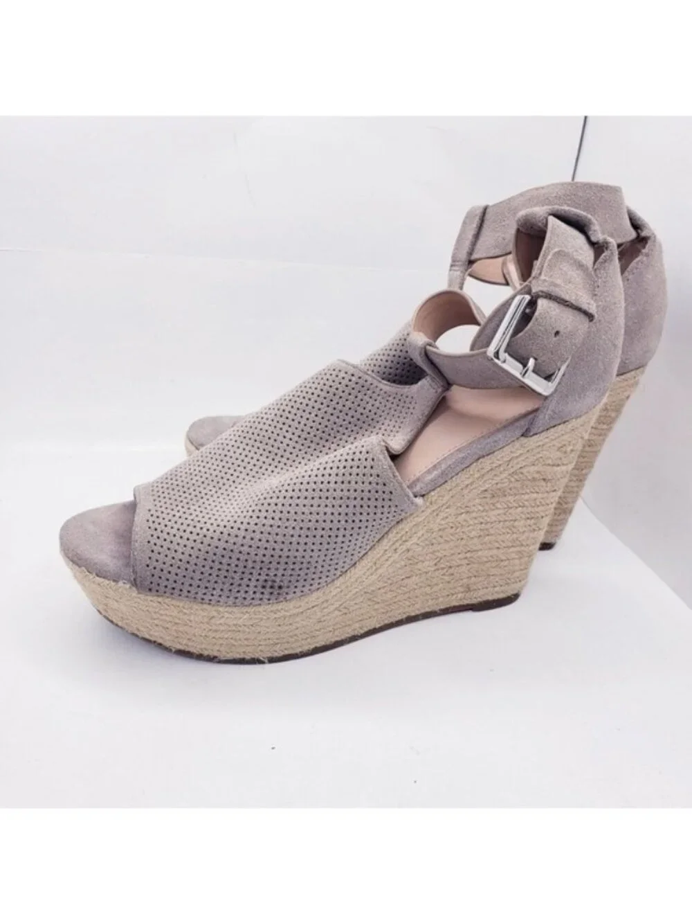 Marc Fisher Alison Taupe Suede Leather Espadrille Wedge Sandals Women's Size 9